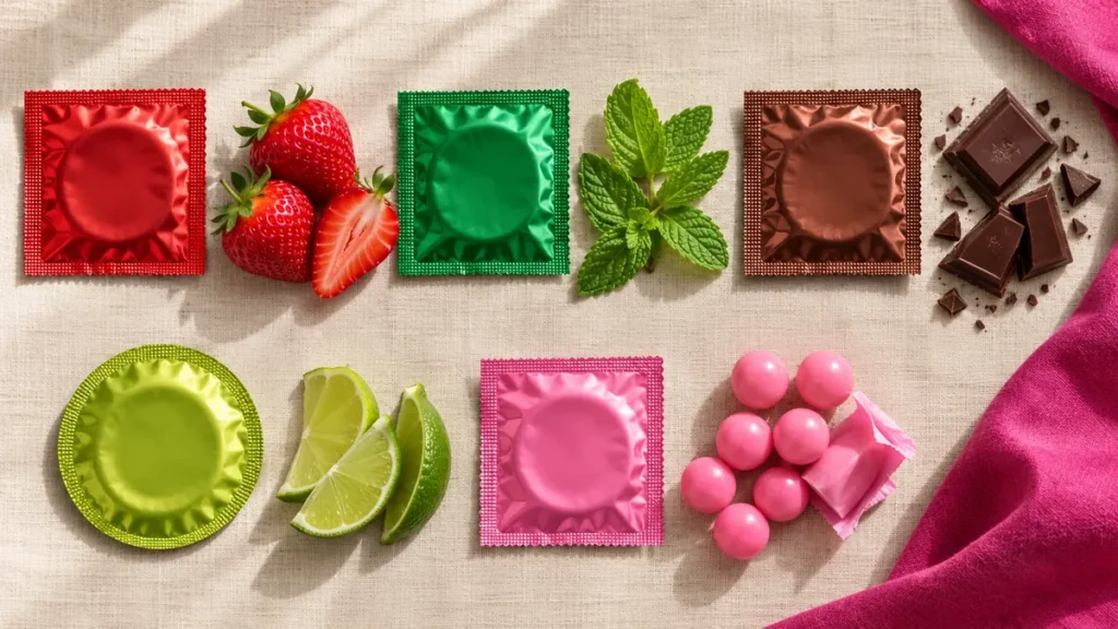 Sobres de preservativos de colores junto a frutillas, menta, chocolate, limón y chicles: los sabores para elegir