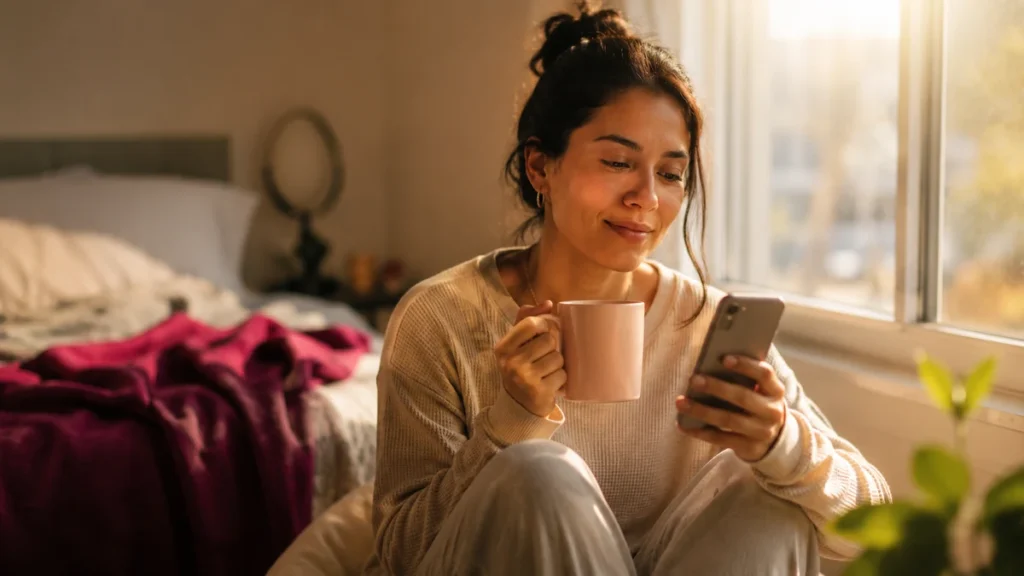 Mujer tranquila informándose en su celular con luz de mañana, sobre la anticoncepción de emergencia
