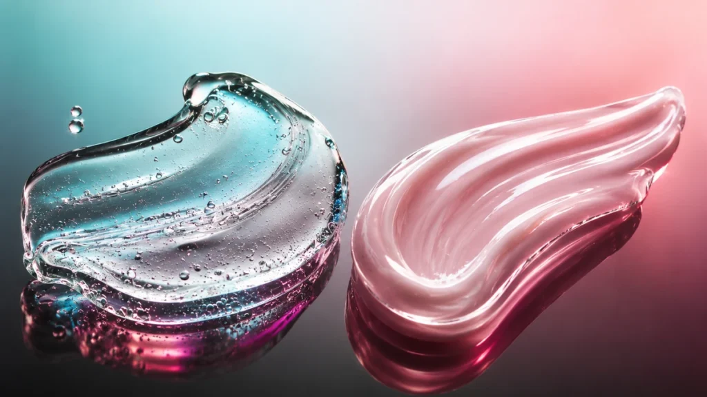 Dos texturas de gel íntimo: base agua fluida con gotas y base silicona sedosa